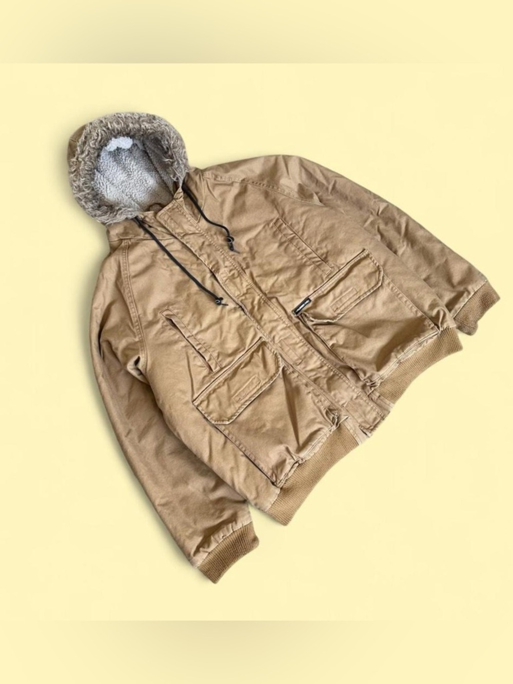 Vintage Members Only Canvas Jacket Brown Fur Lined Hooded Coat Men’s XL